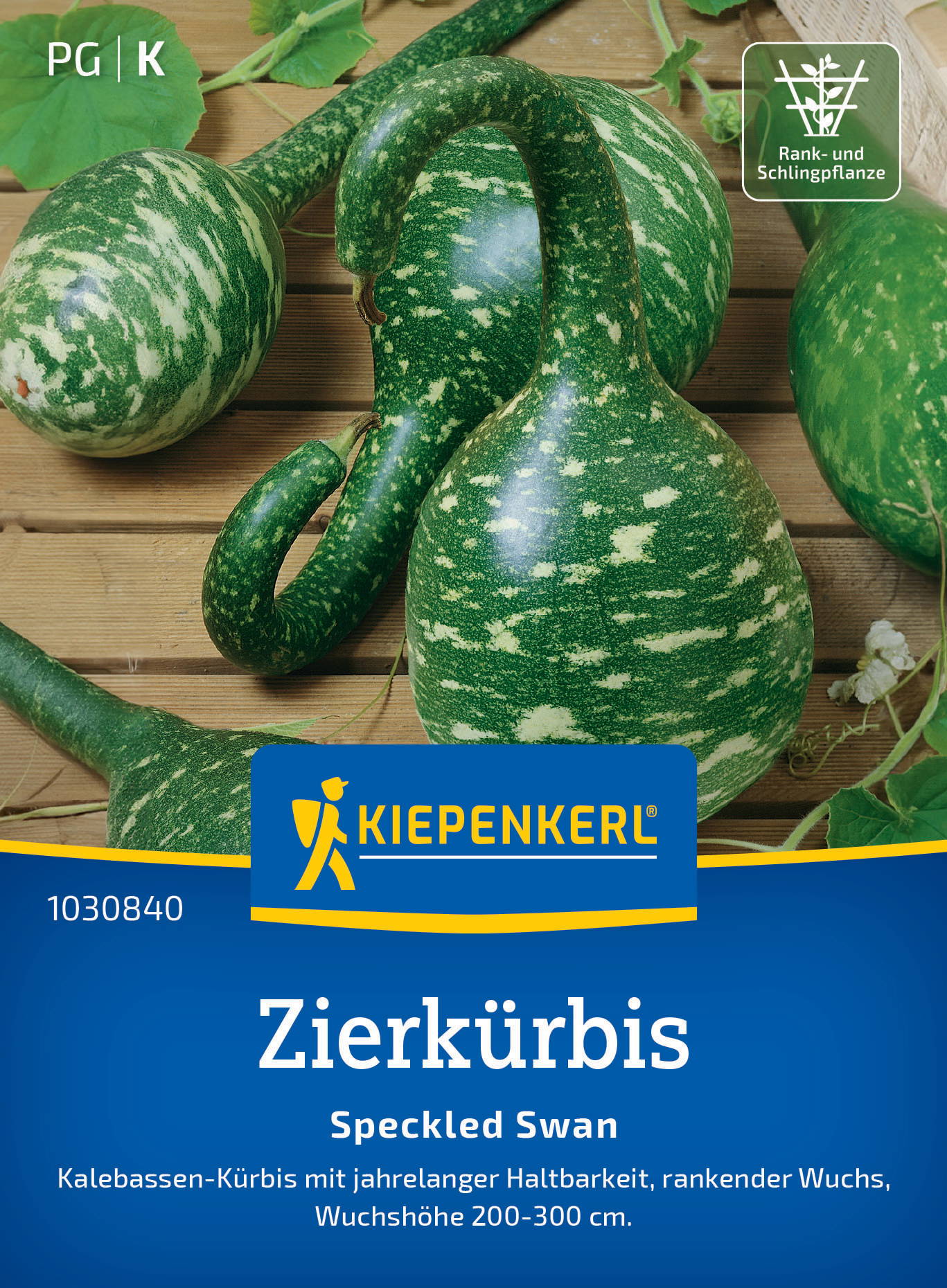 Grüne, gepunktete Zierkürbisse, eines mit langer, gebogener Spitze, auf Holzuntergrund.