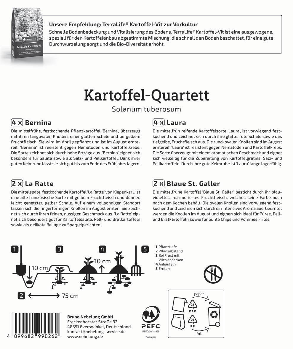 Text auf einer Verpackung mit Beschreibungen von Kartoffelsorten, Anbau- und Zubereitungshinweisen.