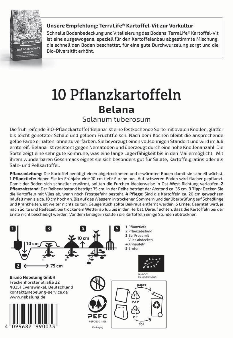 Auf dem Bild ist eine Packungsbeilage für 10 Pflanzkartoffeln Belana mit textlichen Anweisungen und einer Illustration zur Pflanzung.