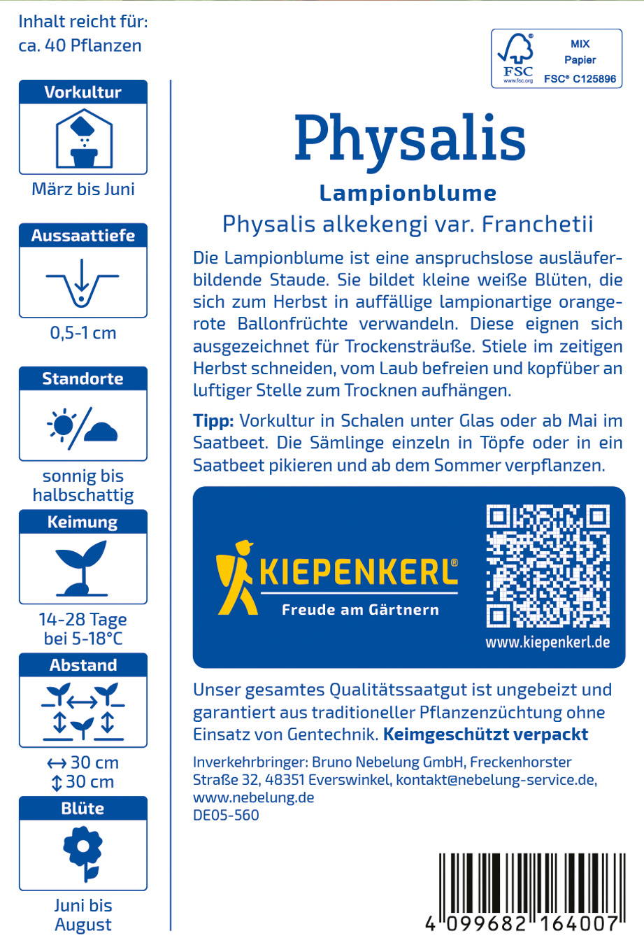 Blumenranke auf Papier, mit Text und QR-Code, blaue Schrift, Kiepenkerl Logo, Produktinformationen.