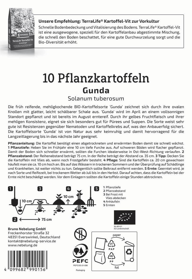 Text und Symbole zur Pflanzung von 10 Gunda Kartoffelsorten, inklusive Anleitungen und Recycling-Icons.