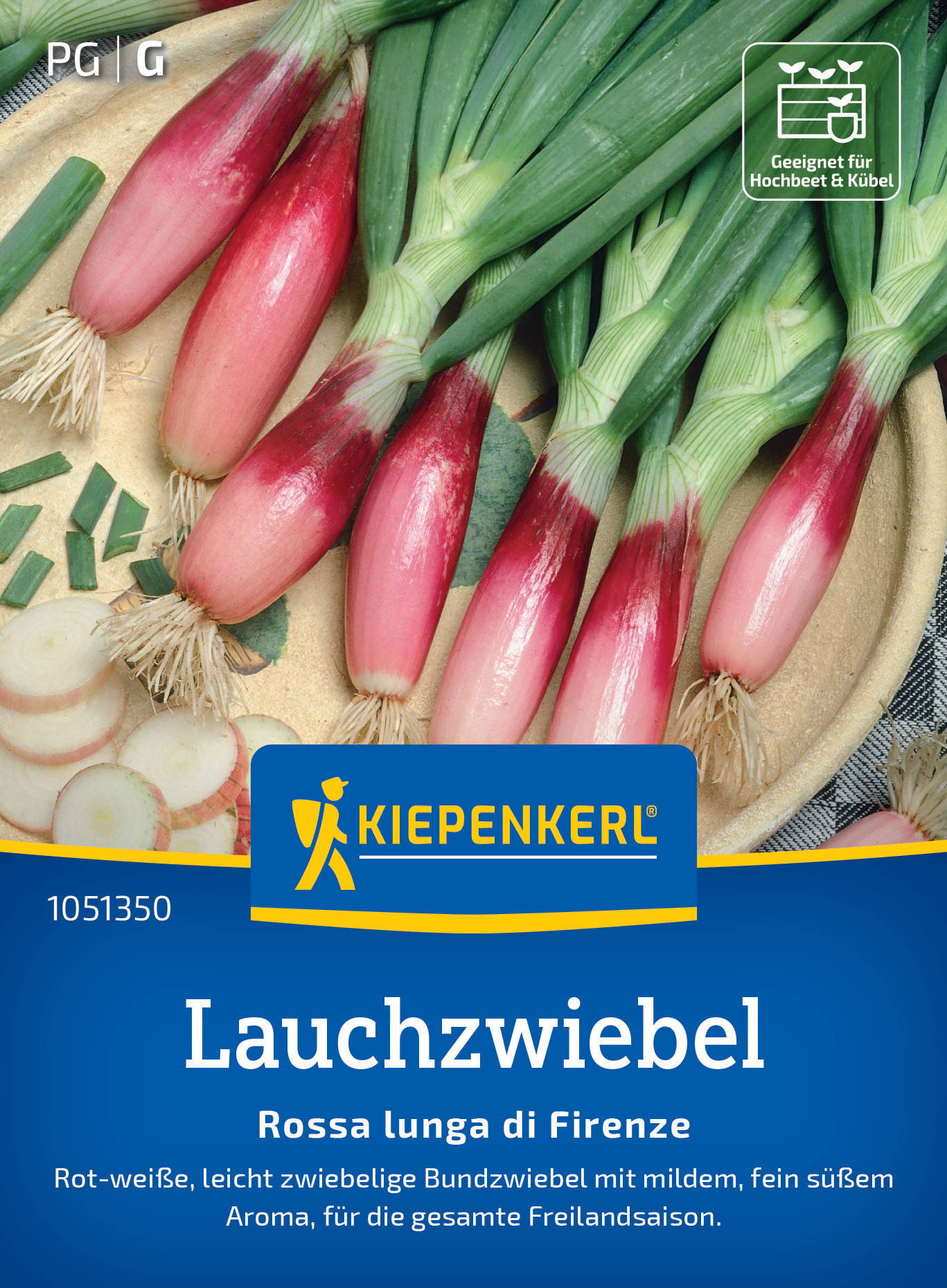 Grüner und roter Lauchzwiebel, in einer Schale mit schnittlosen Zwiebeln, Verpackung von Kiepenkerl, geeignet für Hochbeet.
