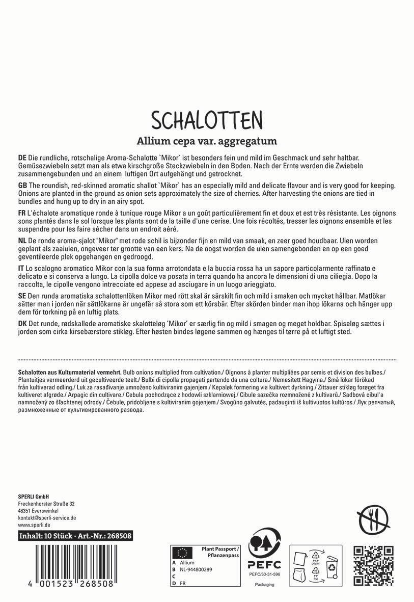 Packung mit aufgedruckten Informationen über Schalotten in verschiedenen Sprachen und einem Strichcode.