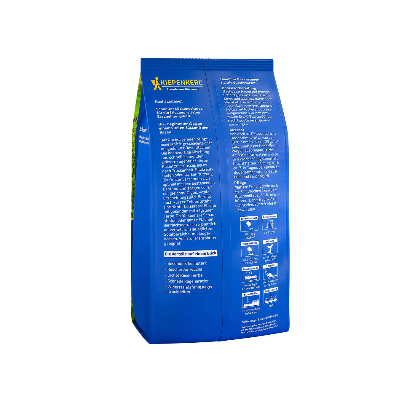 Blauer Pelastable aufrecht stehende Rasenpflegetüte mit weißen und gelben Texten.