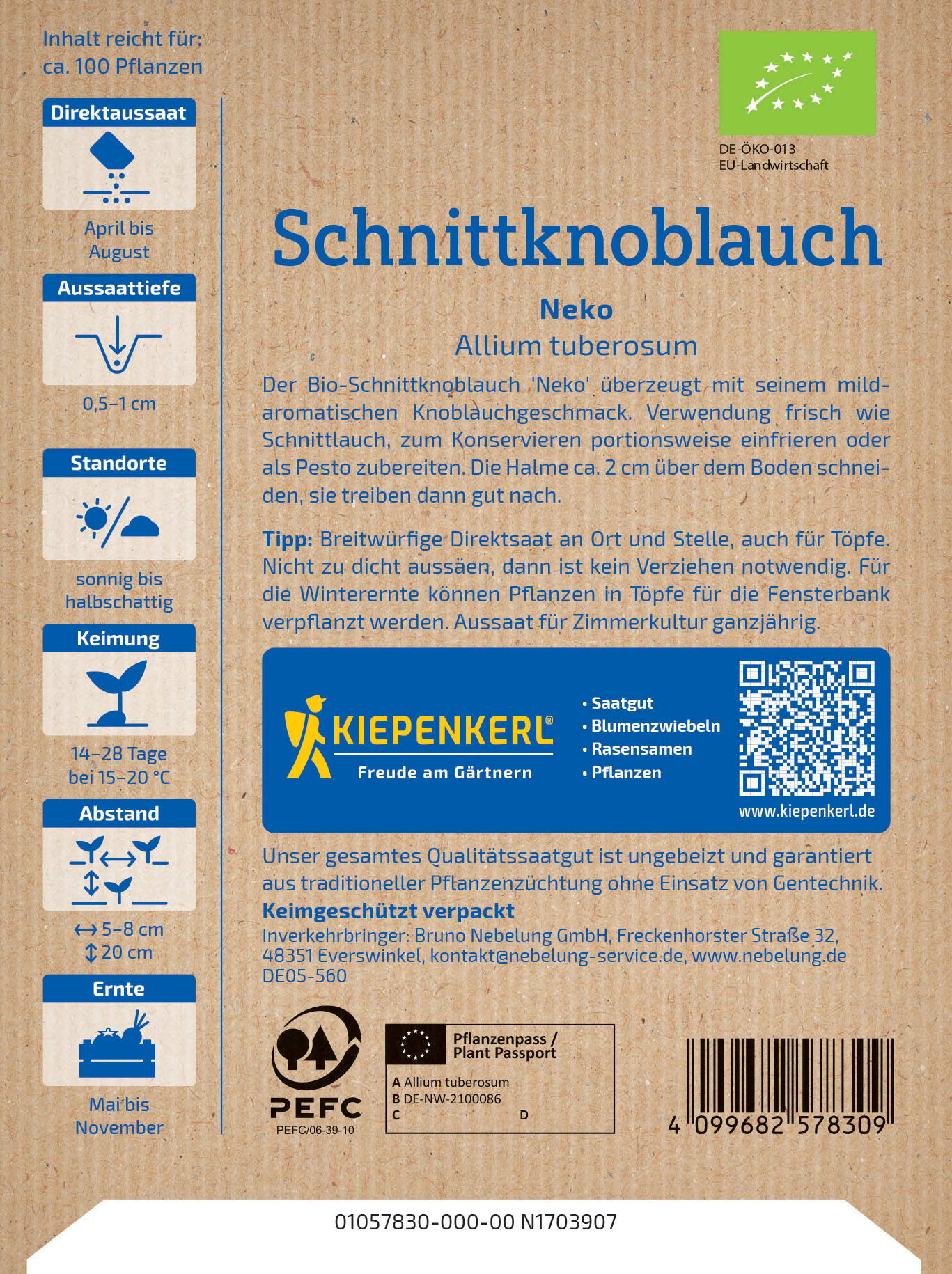 Ärtetütchen mit braunem Kraftpapier, blauer und weißer Text, QR-Code, Barcode, Pflanzensymbole, Logos und Logos.