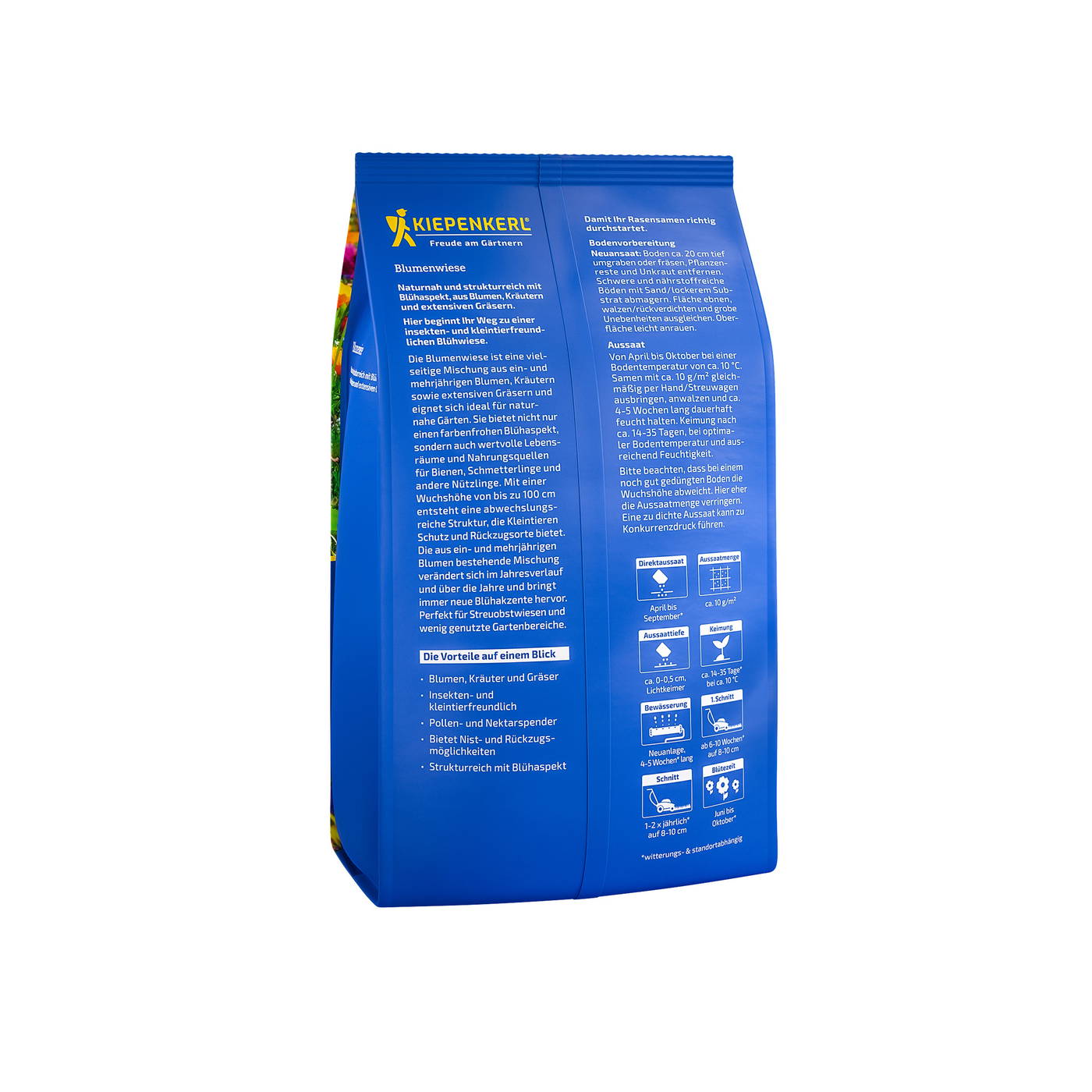 Blaue Papiertüte mit Text, Logos und Anweisungen auf der Vorderseite, rechte Seite sichtbar.