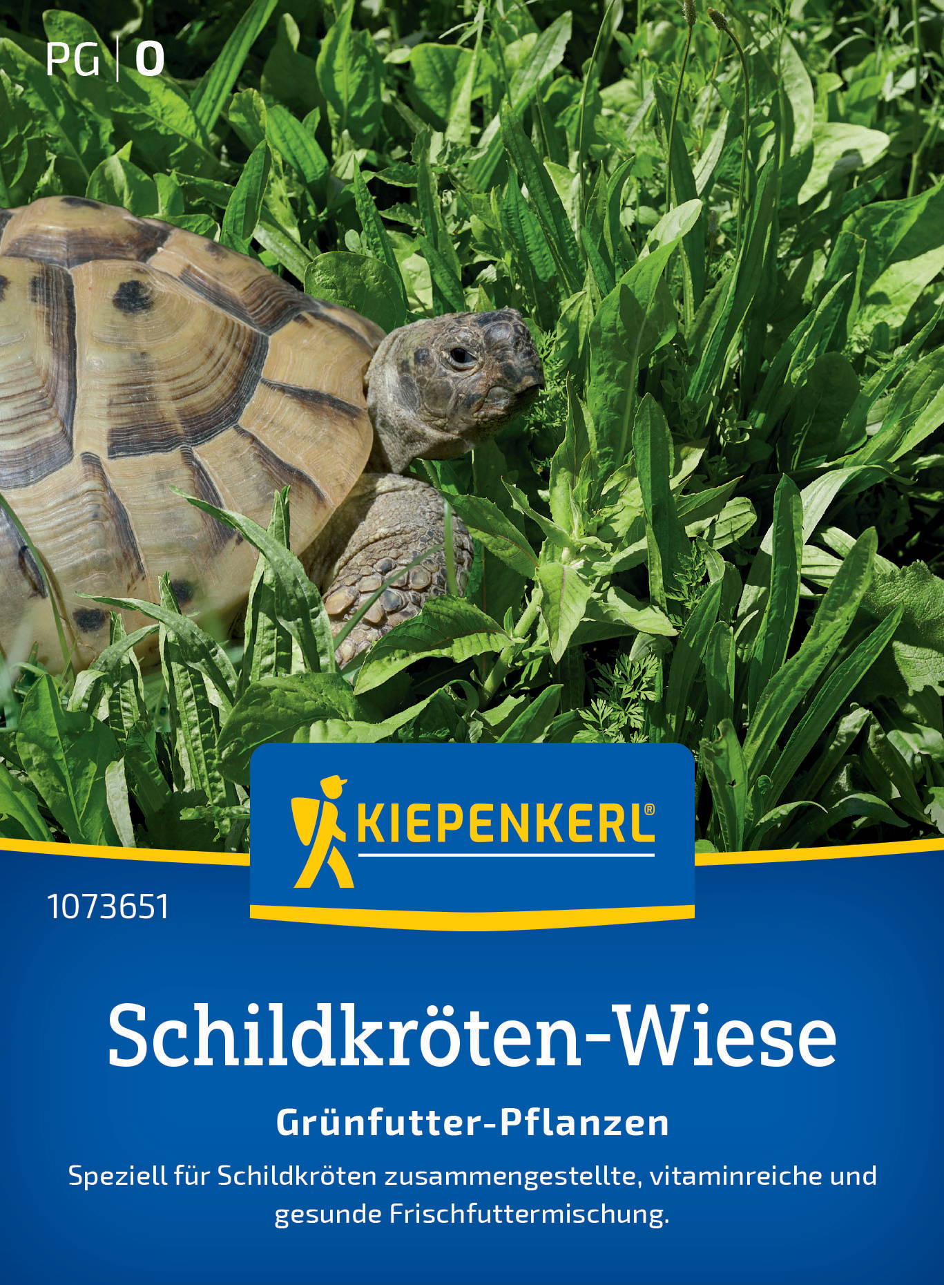 Tortiose in grünem Gras auf Packungsbild für Schildkröten-Wiese Futter.
