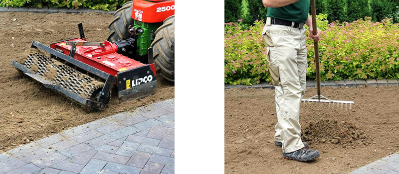 Hand und Bein eines Mannes mit Arbeitshose und Gummistiefeln, im Garten mit Rechen und Bodenbearbeitung.