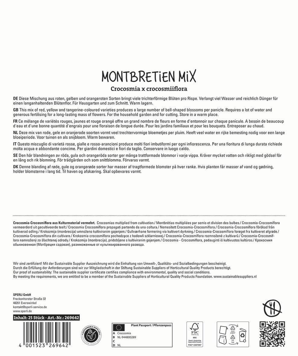 Beschreibung: Anleitung für die Mischung und Pflege von Crocosmia, mehrsprachiger Text, Herstellerinformationen, Logos.