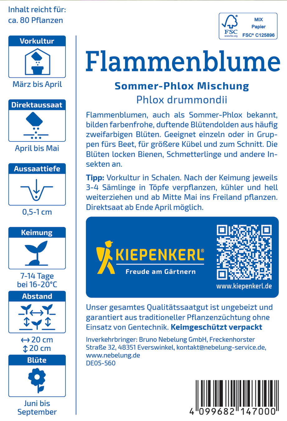 Bunte Flammenblumen in Blumentopf, Beschreibung und Logo auf Etikett, QR-Code am rechten unteren Rand.