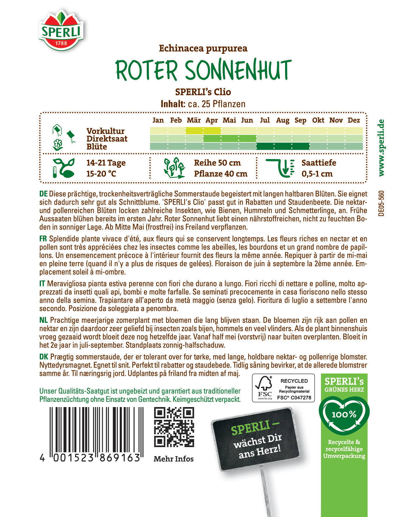 Roter Sonnenhut, Pflanze mit langen, proteinhaltigen Blüten, ca. 25 Pflanzen, im Juni bis September blühend.