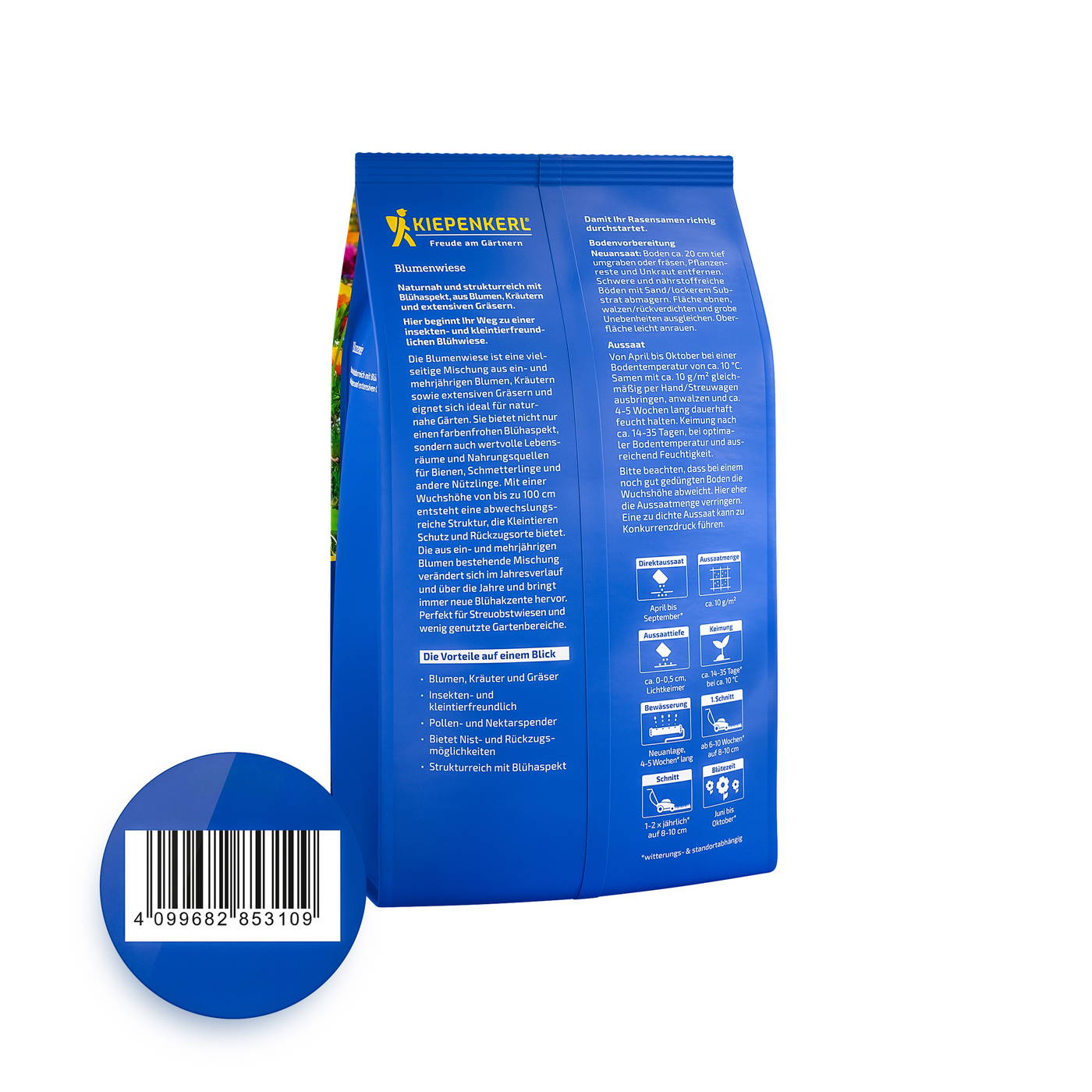 Blumenwiese Blumensamenpackung mit blauer Verpackung, Text und Barcode sichtbar.