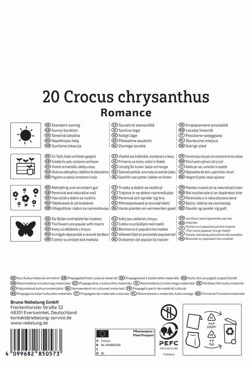 20 Crocus chrysanthus Blumen auf weißem Hintergrund, Artikelnummer, Herstelleradresse, Recyclingzeichen