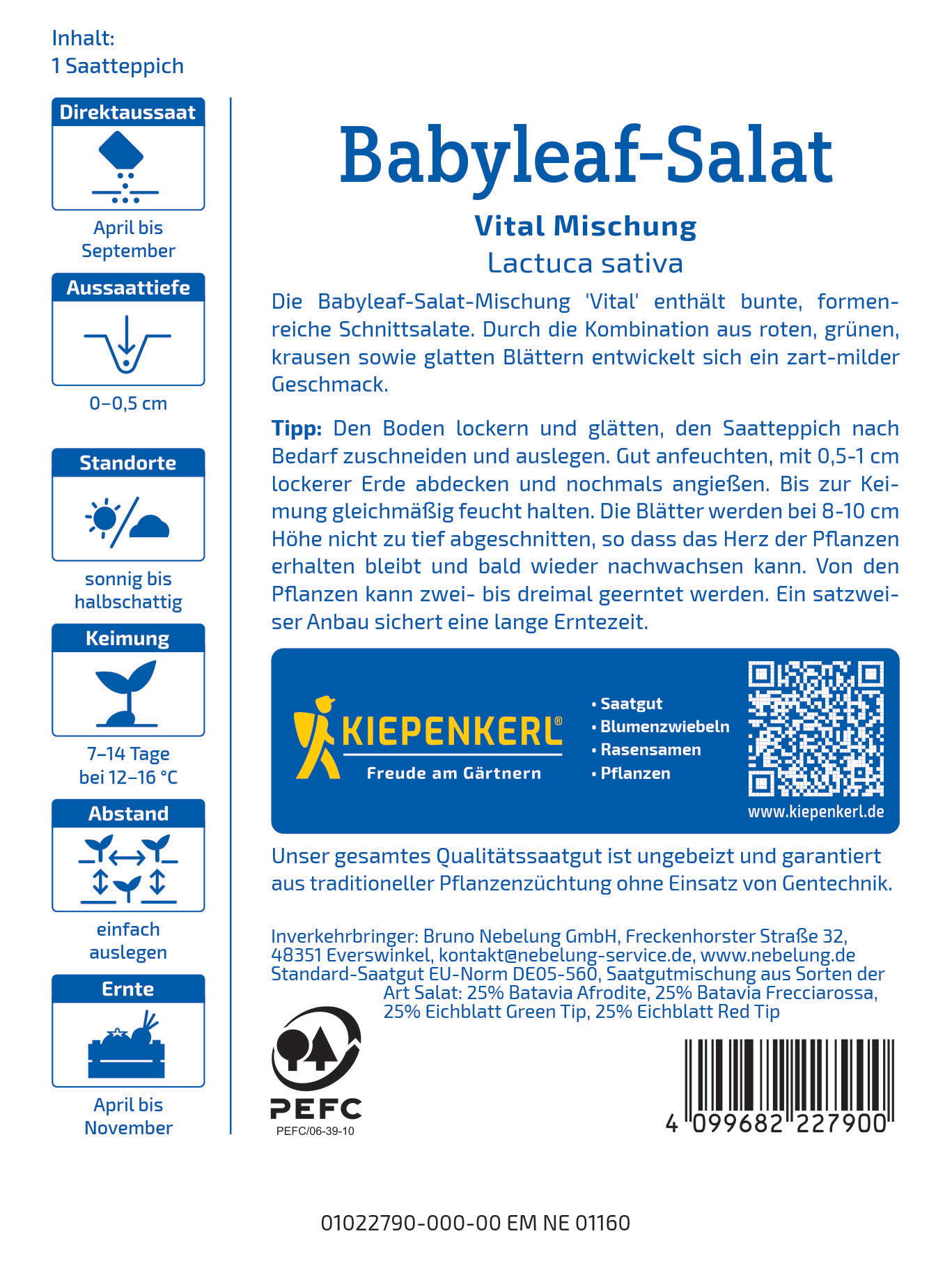Infozettel für Babyleaf-Salat mit Beschreibung, Pflanzhinweisen, Qualitätssiegel, Barcode und Herstellerangaben.