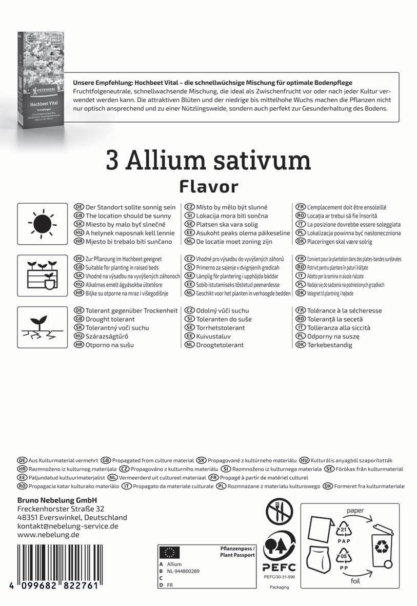 Text im Bild mit mehreren Sprachen, Hinweise zur Bodenpflege, Dürretoleranz und Standortempfehlungen für Allium sativum.