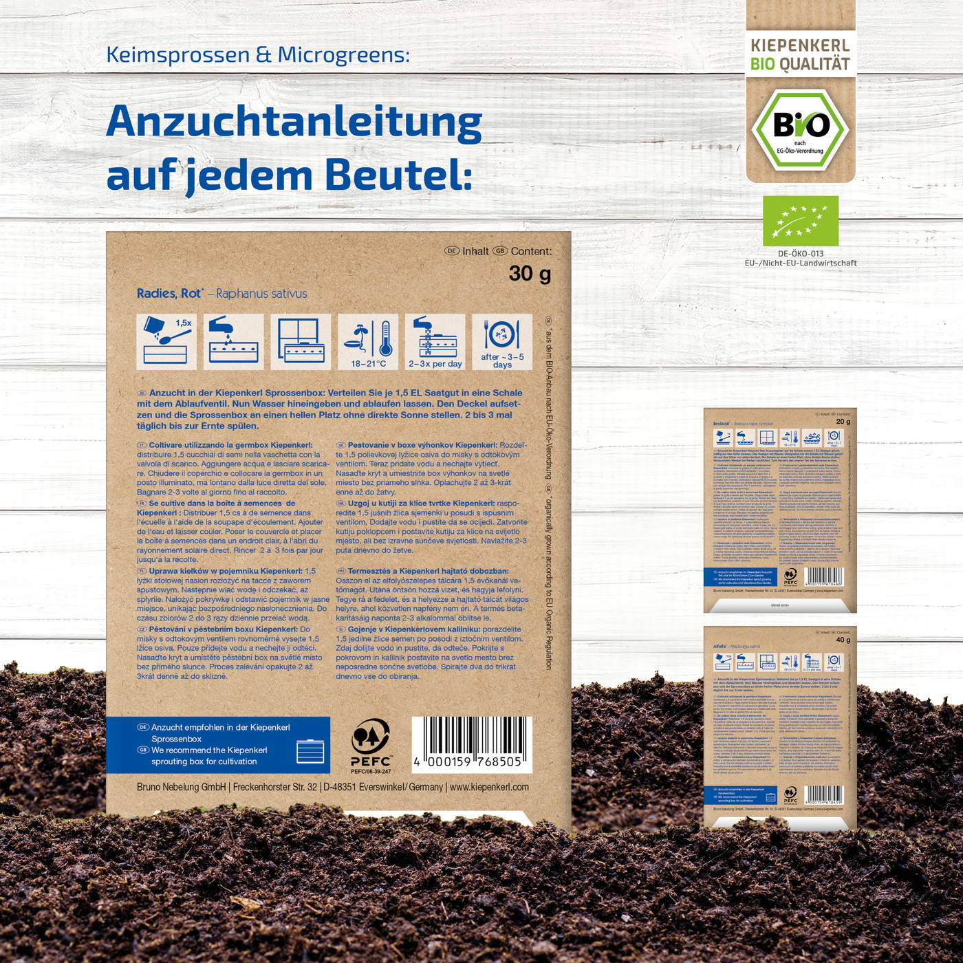 Anzuchtanleitung auf brauner Papiertüte, mit Text in mehreren Sprachen, 30 g Inhalt, Bio-Kennzeichnung.
