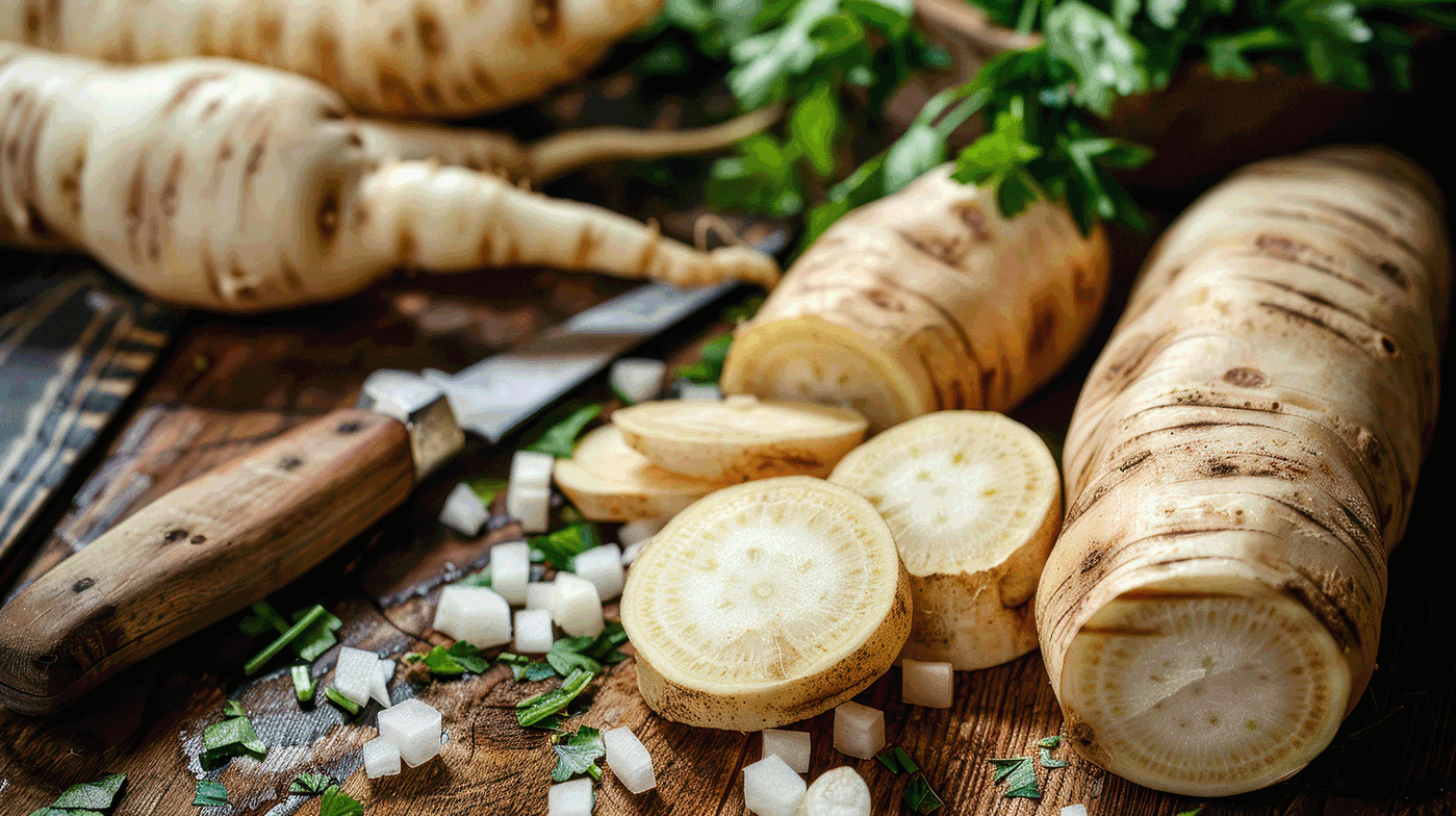 Haufen Pastinaken, einige Scheiben und gehackte Zwiebeln auf einem Holzbrett, Messerschneide.