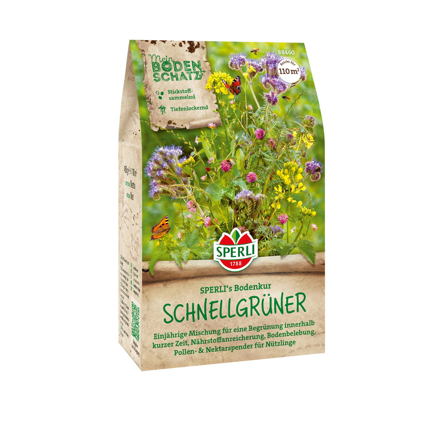 Bunte Blumen, Herzchen und Bienen auf einem Paket mit Blumensamen im Hintergrund.