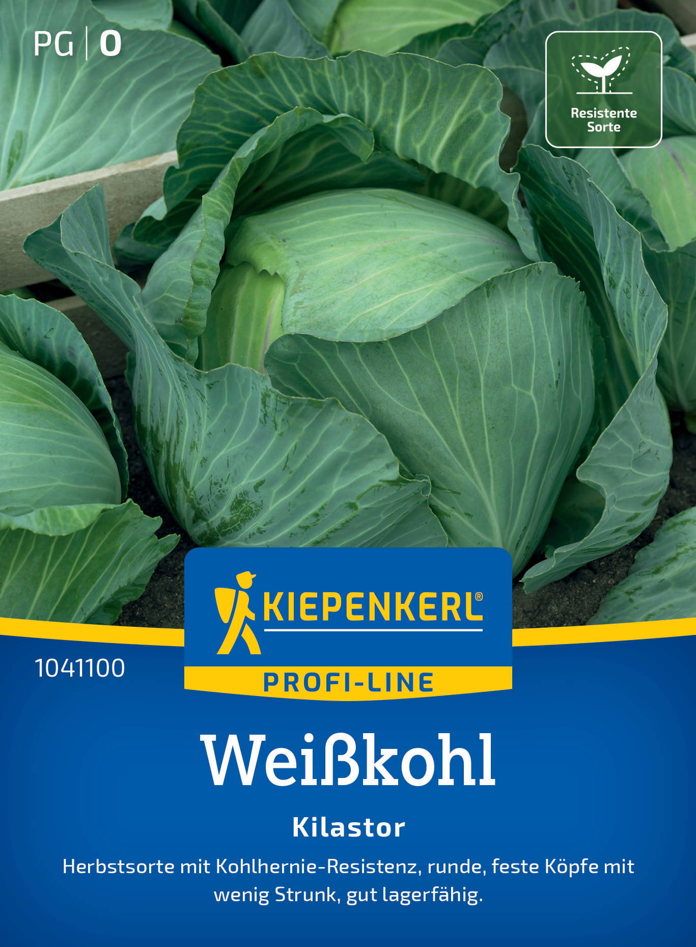 Brauner Kohlkopf mit großen, grünen Blättern, Verpackung mit blauer und gelber Beschriftung, Kategorie Kopfkohl.