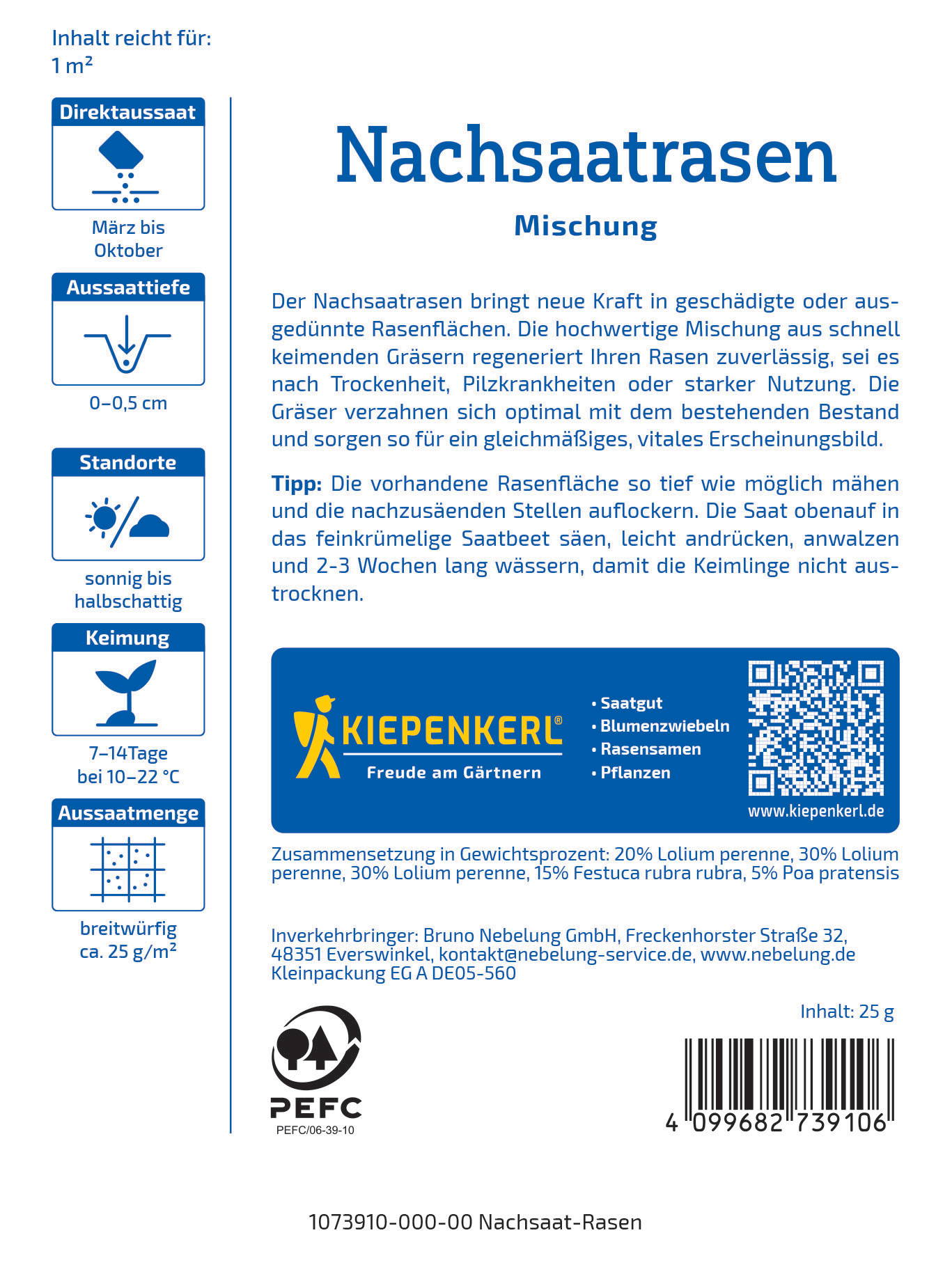 Produktbeschreibung auf Versandkarton: Nachsaatrasen, Mischung, Kiepenkerl, ca. 25 g, QR-Code, Barcode, Kontaktdaten.
