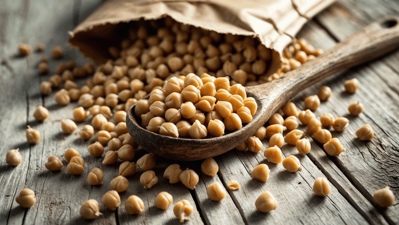 Verschiedene getrocknete Kichererbsen in einer Holzkelle auf einem Holztisch, some Kichererbsen sind auf dem Tisch verstreut.