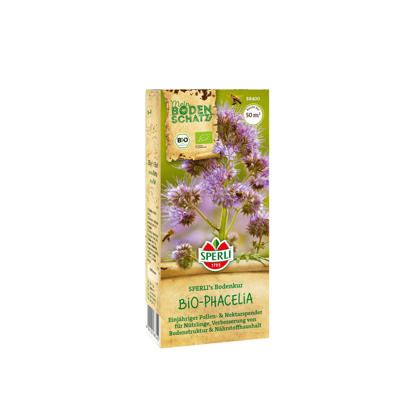 Büschelblume mit pinken Blüten, Biene und kleinen grünen Blättern auf Verpackung, Bio-Phacelia Samen in Papiertüte.