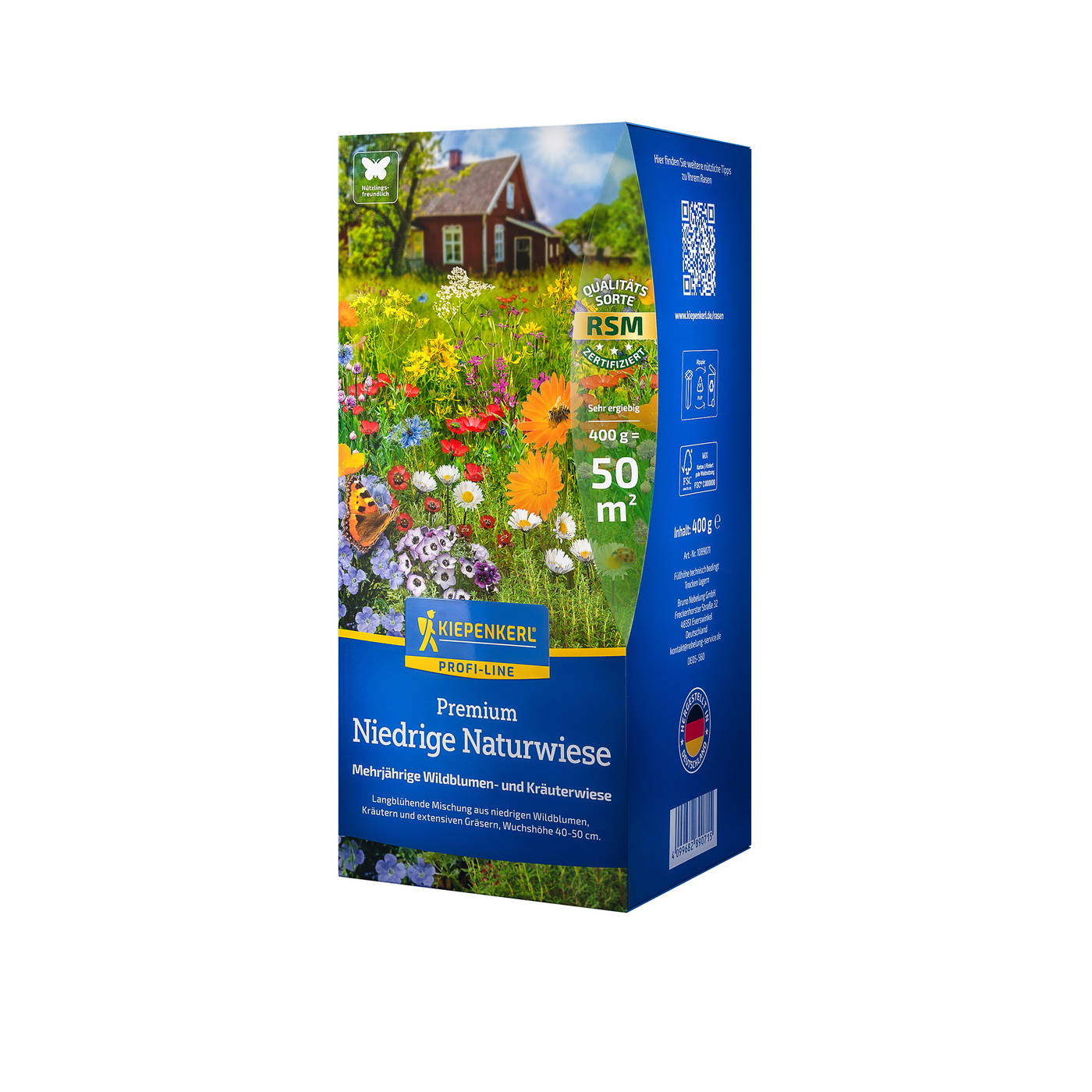 Verpackung mit Gartenblumen, Kräutern und Haus im Hintergrund, Blaues Design mit Logos und Inhaltsangaben.