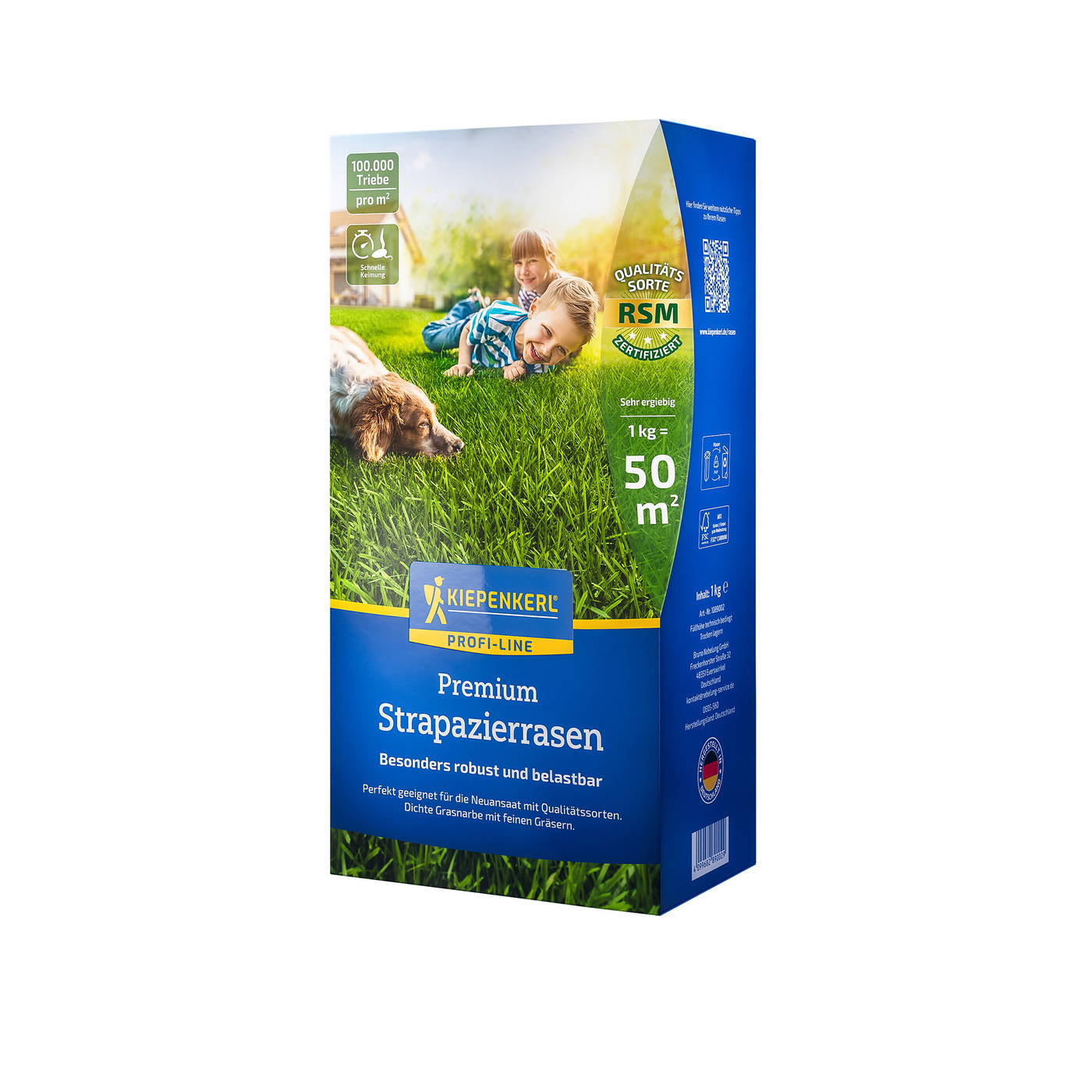Recyceltes Gras auf einer Wiese mit two Kindern und einem Hund, Verpackung für Premium Strapazierrasen.