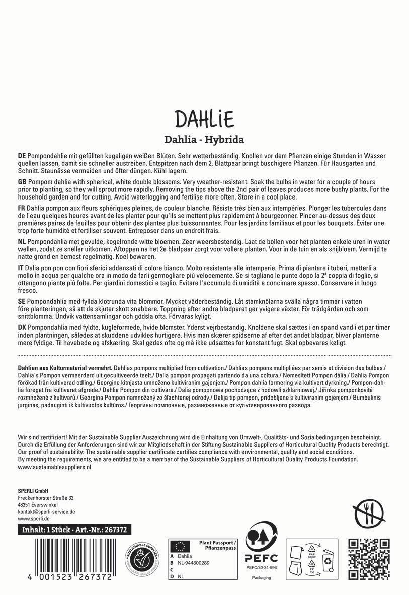 Text in mehreren Sprachen über die Pflege und Kultivierung von Dahlien, mit Zertifizierungssiegeln und Herstellerangaben.