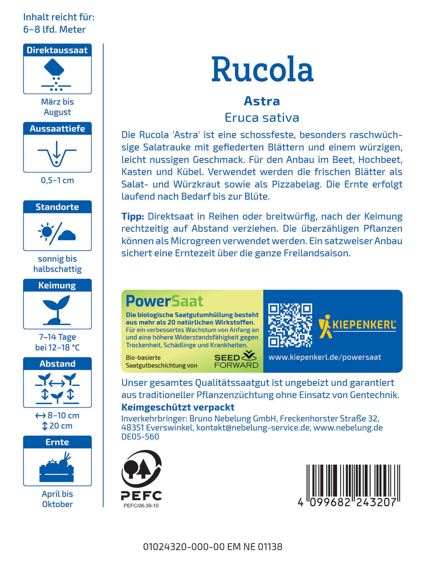 Beschreibung: Paket mit Rucola Astra, Blätter, Salat, Hinweise zur Aussaat, Standort, Keimung, Abstand, Ernte und Bio-Seed-Power.