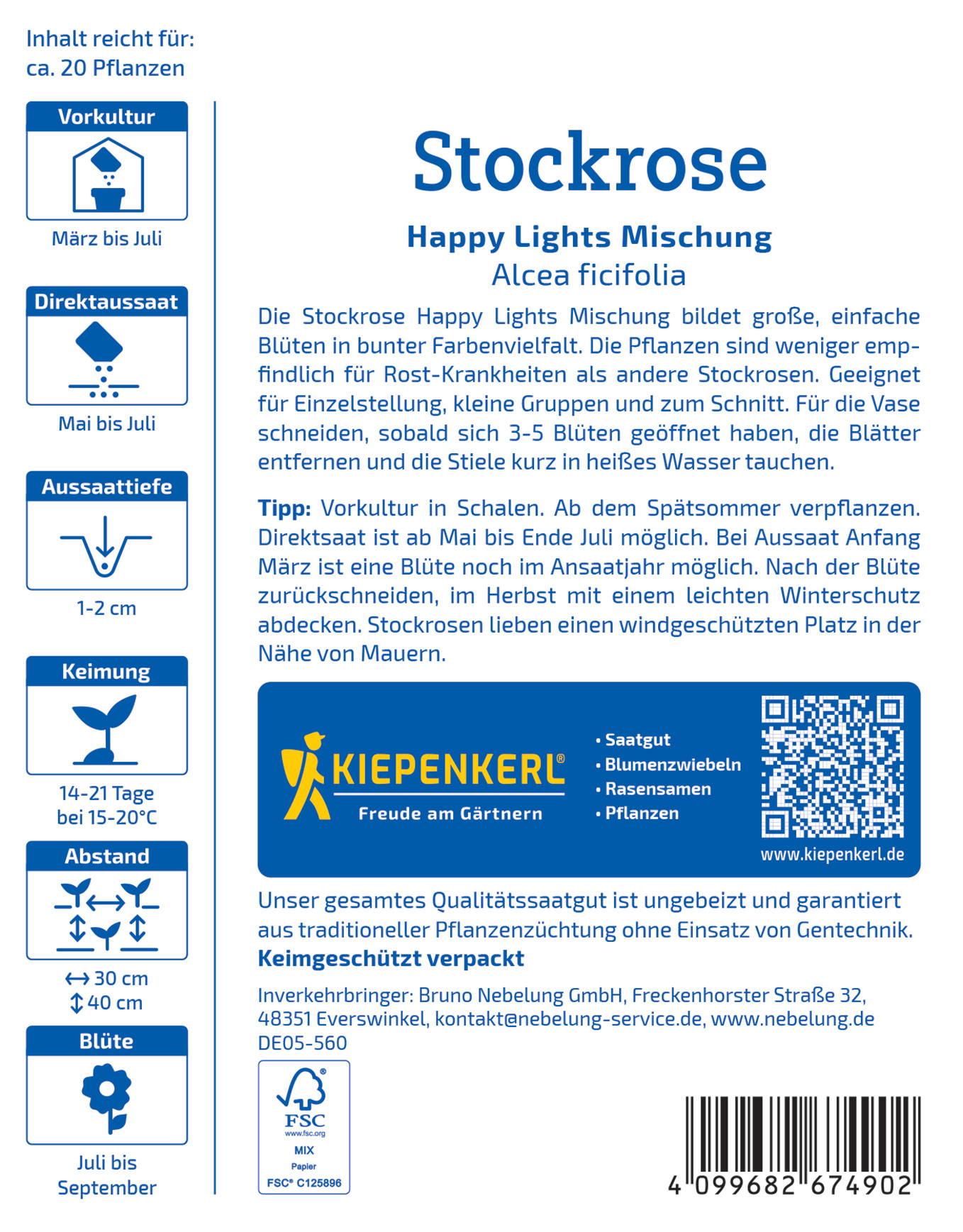 Textbaustein: Stockrose Happy Lights Mischung, große Blüten, für Balkon, bis September, im Wasser tauchen, März bis Juli, 14-21 Tage.
