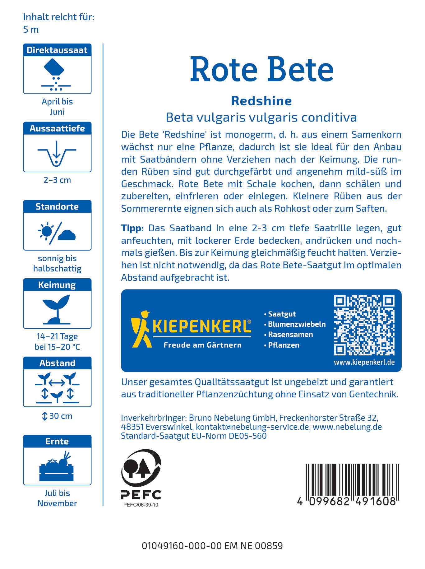 Produktbeschreibung, Informationen zu Aussaat, Pflege, Standort, Keimung, Abstand, Ernte und Kontaktdaten.