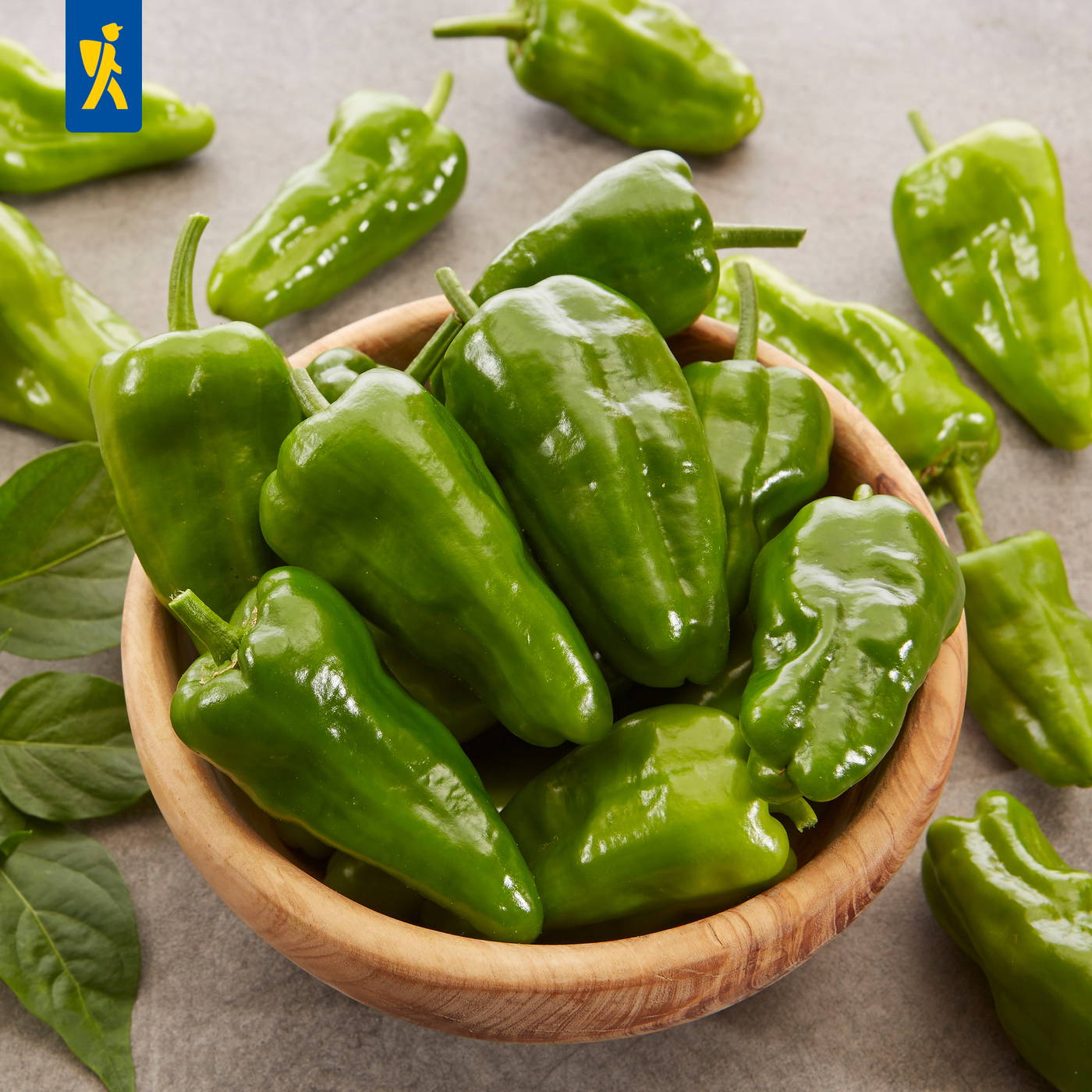 Grüne Paprika in einer runden Holschüssel, einige liegen auf einem grauen Untergrund.