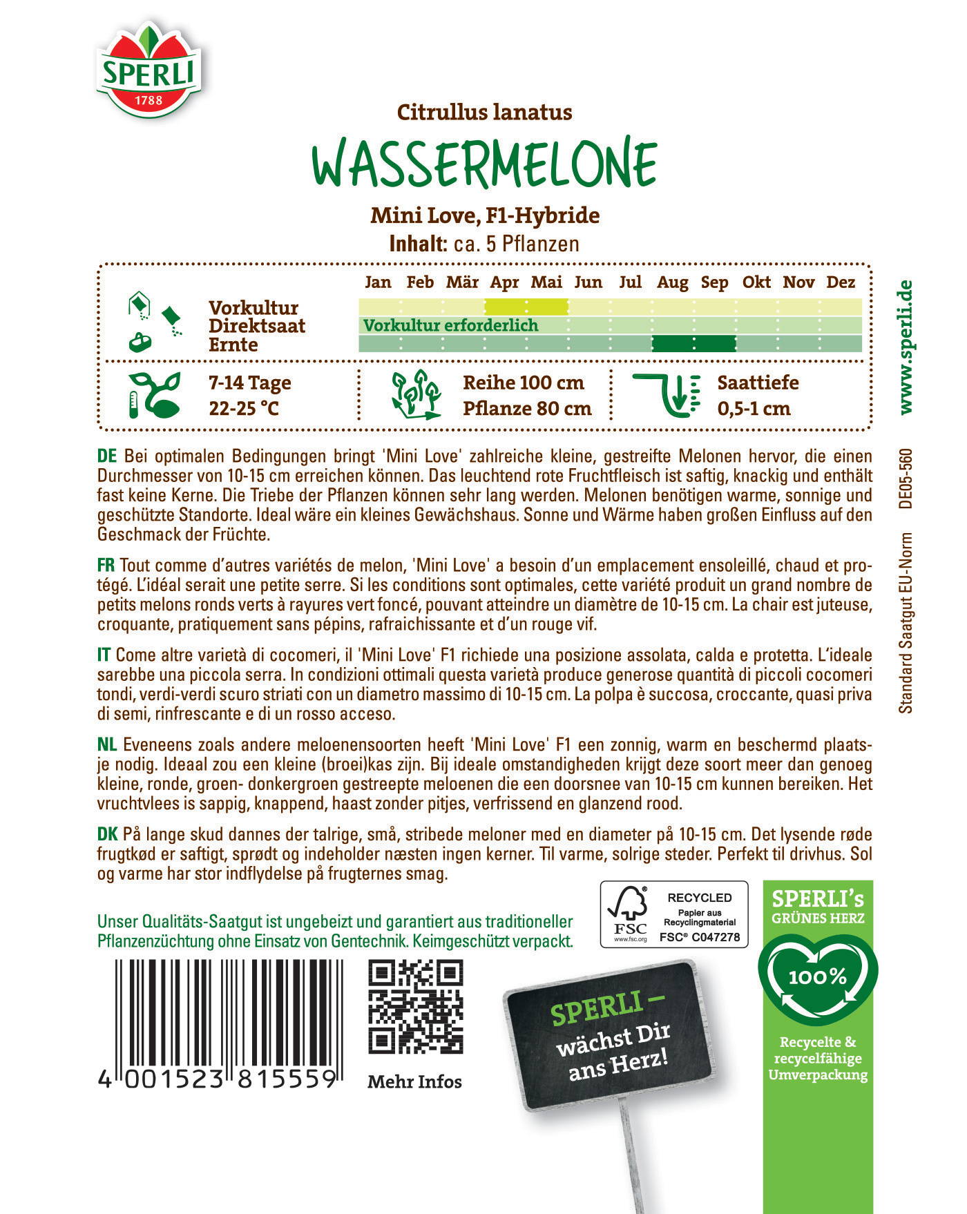 Mini Wassermelone mit grünem Etikett, Pflanze, Barcode, QR-Code und Slogan auf weißem Hintergrund.