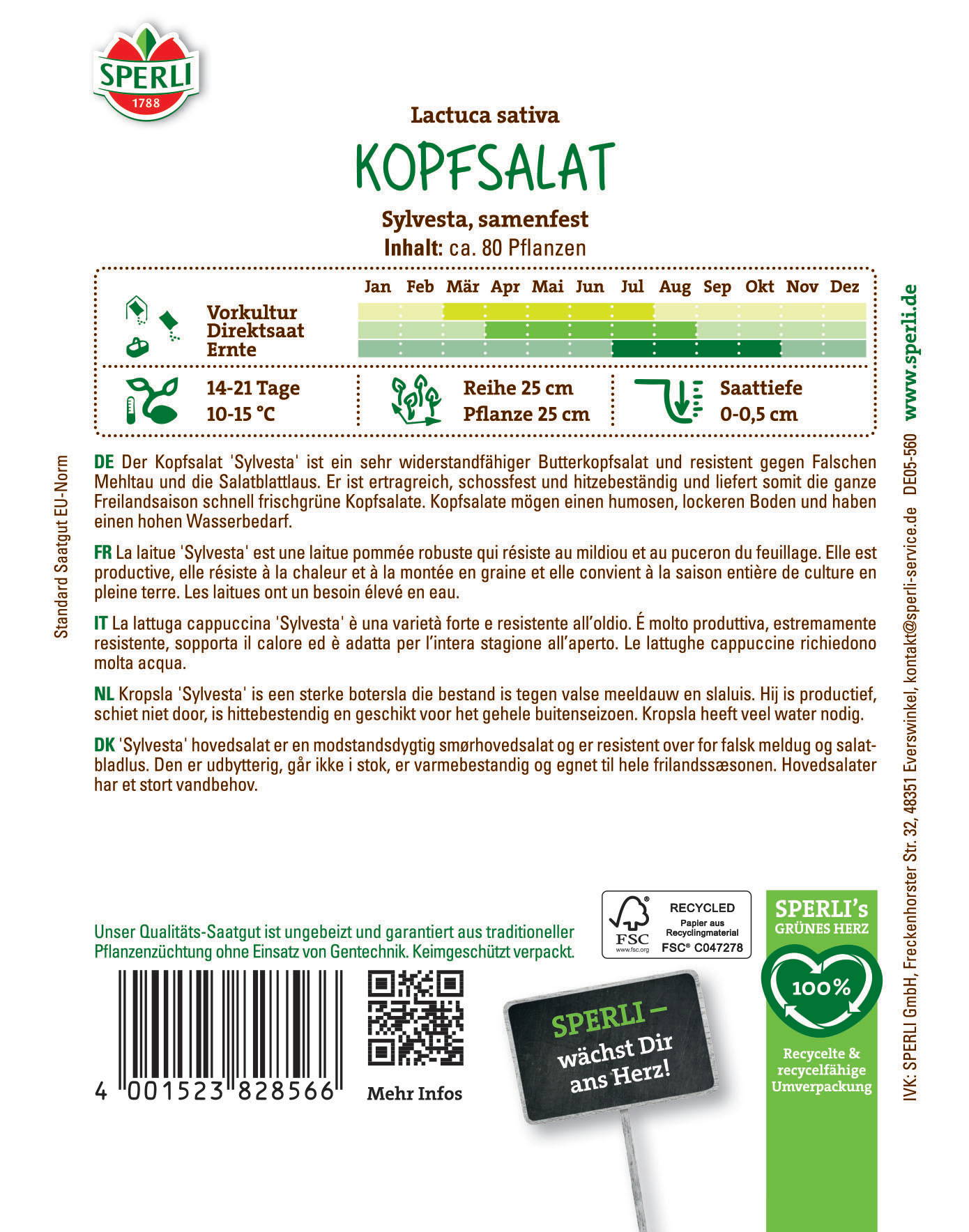 Infoblatt mit Anbau- und Erntezeitraum, Pflanzendetails und eine Beschreibung auf Deutsch, Französisch, Italienisch, Niederländisch, Dänisch.