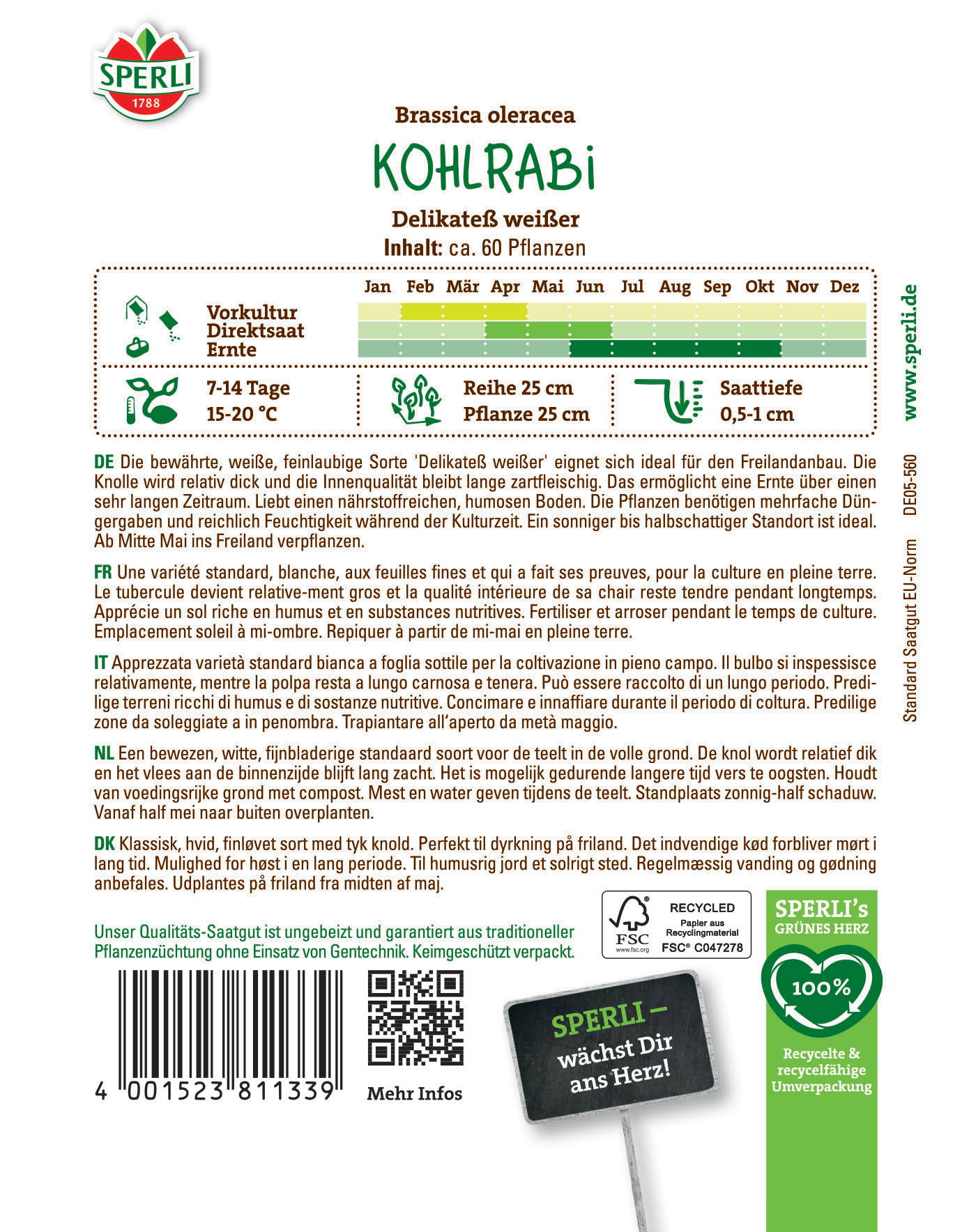 Weiße, feinhautige Kohlrabistämmchen mit Wurzel und Laub, Pflanze etwa 25 cm hoch.