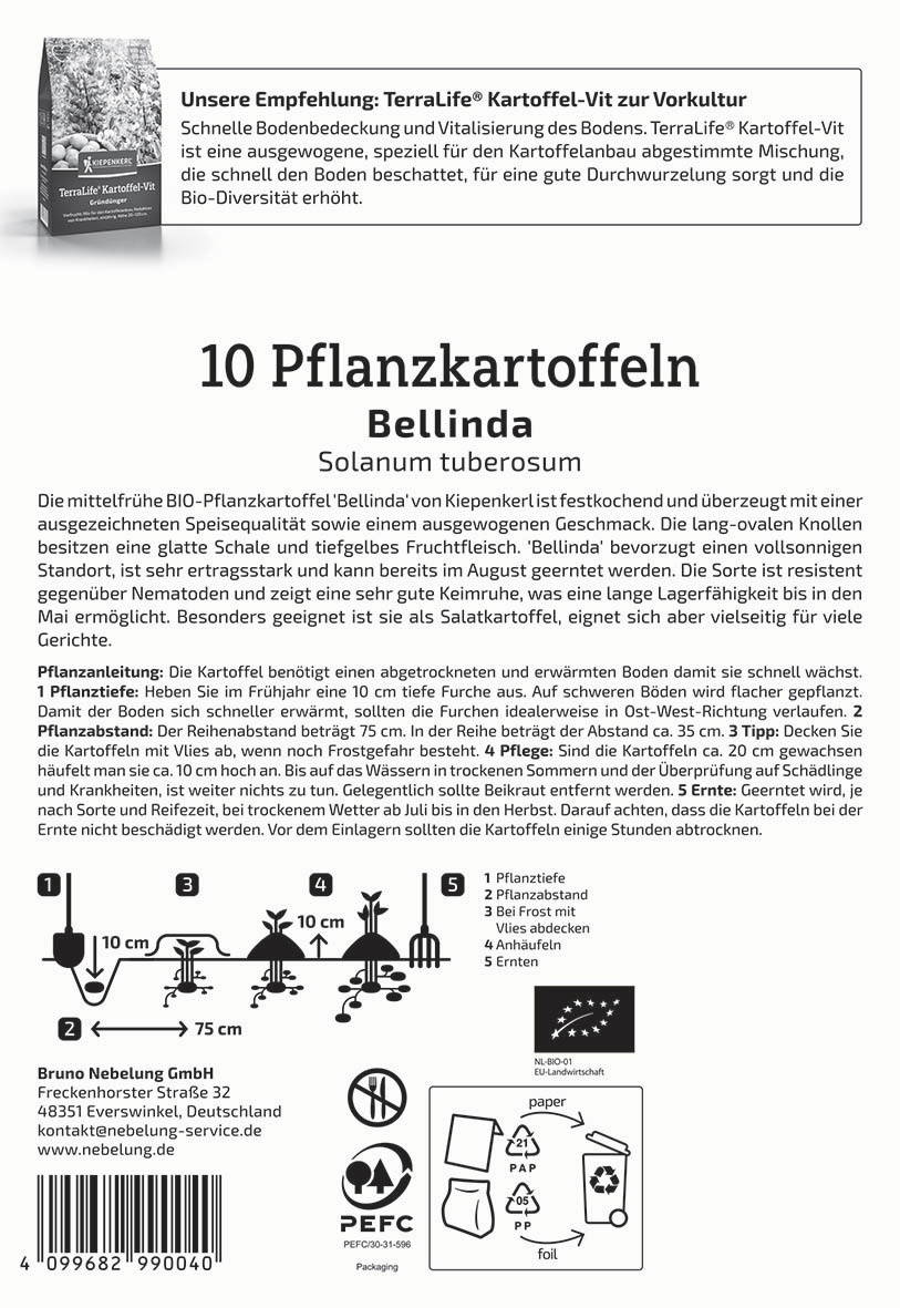 Anleitung und Diagramme zur Anpflanzung von 10 Bellinda Kartoffeln, darunter Pflanzabstände und Pflege.