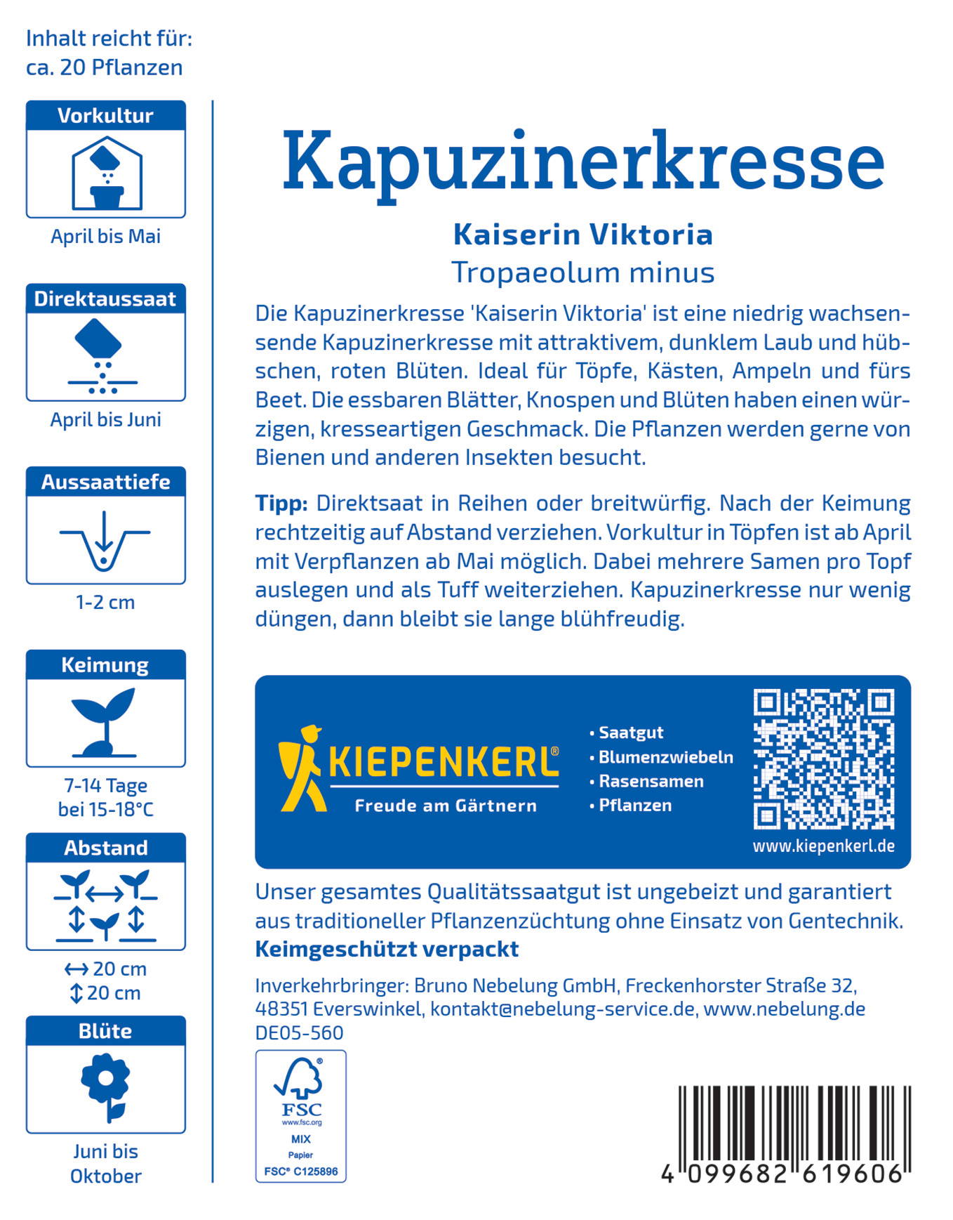Kopfsalat, Blätter, Knospen, Blüten, Schulranzen, empfohlen März bis Oktober, 20 Pflanzen, Verpackung, QR-Code.