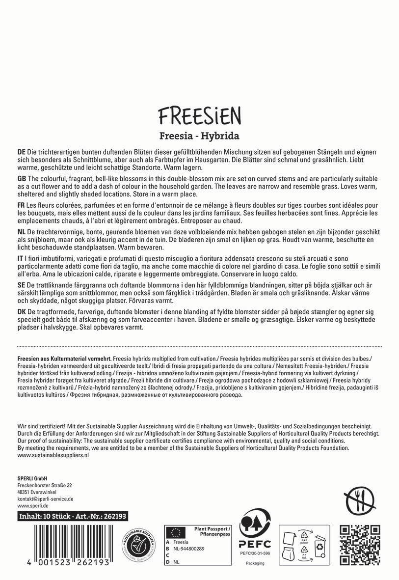 Infoblatt mit Beschreibungen von Freesien in mehreren Sprachen und einem Logo am unteren Rand.