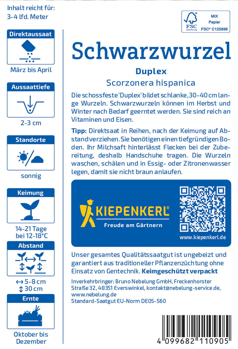 Packungsbeschreibung Schwarzwurzel, DupleX, Scorzonera hispanica, Wurzeln, Sonnenstand, Keimung, Abstand, Ernte, QR-Code.