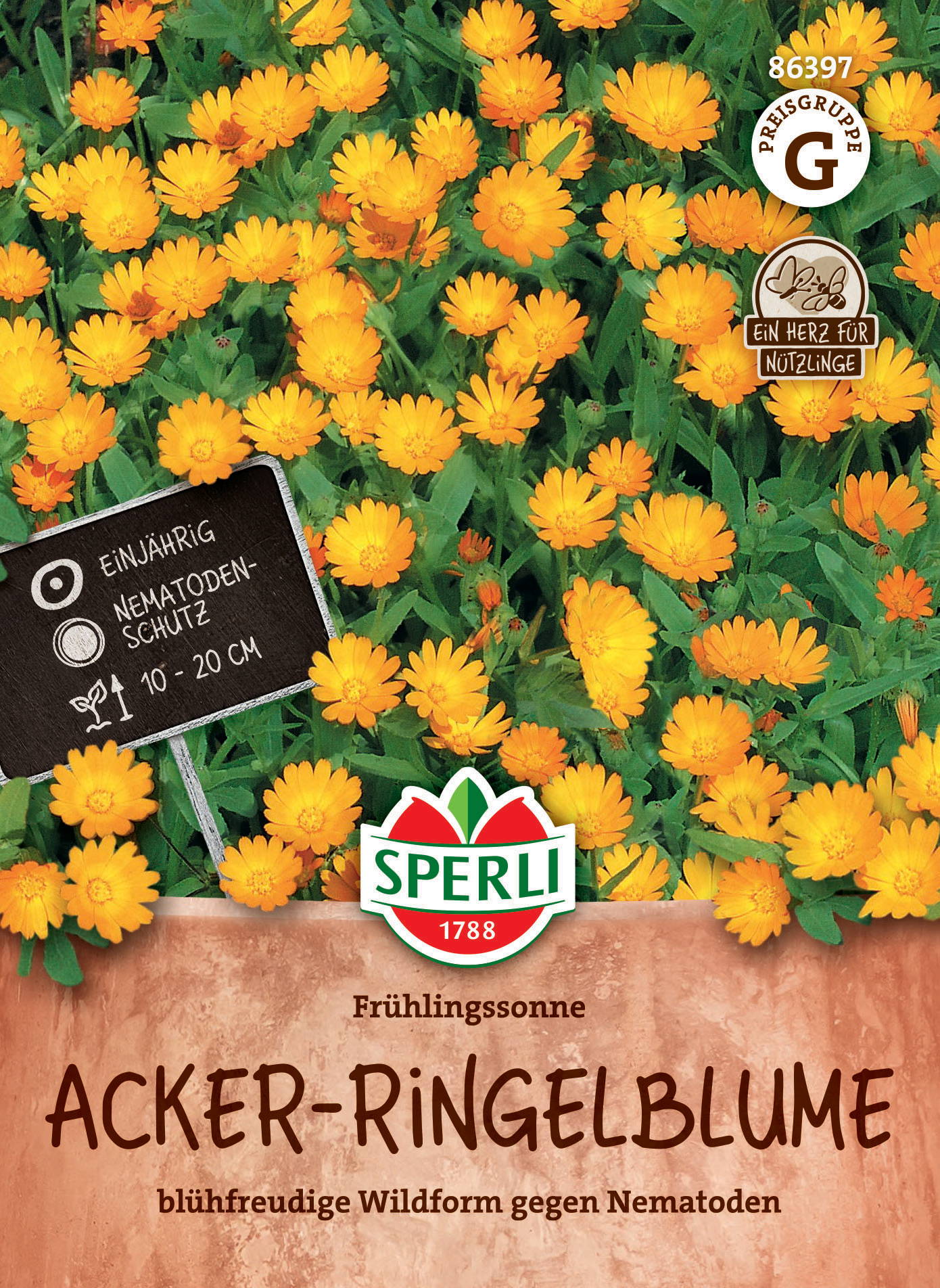 Gelbe Ackerringelblumen mit grünen Blättern auf schwarzer Beschreibungstafel, Paket mit Brunnenkresse-Logo.