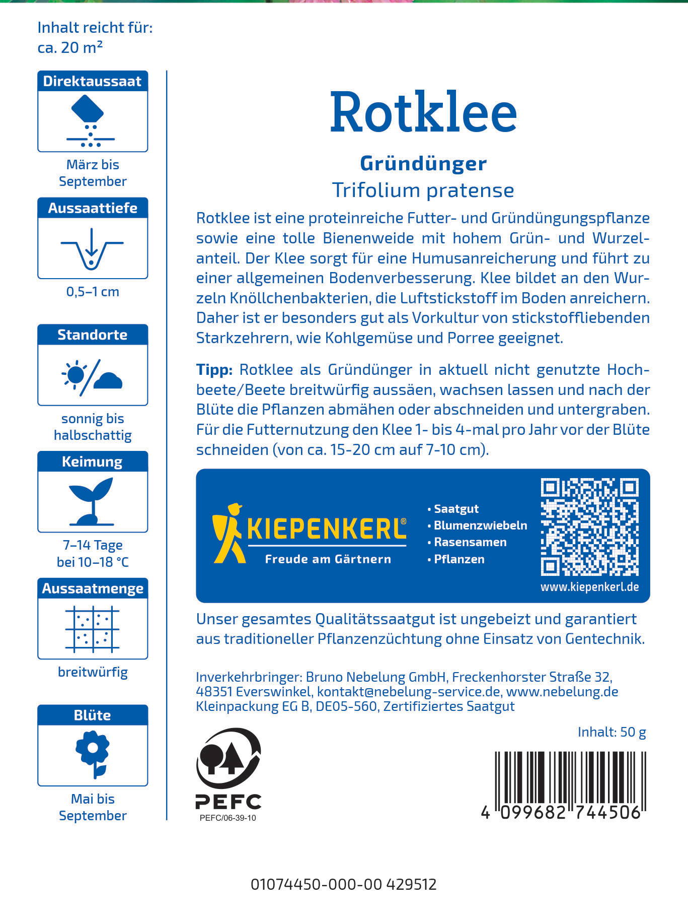 Informationstext, Symbole, Logo, QR-Code, Barcode, Pflanze, Blume, Herstellerangaben.