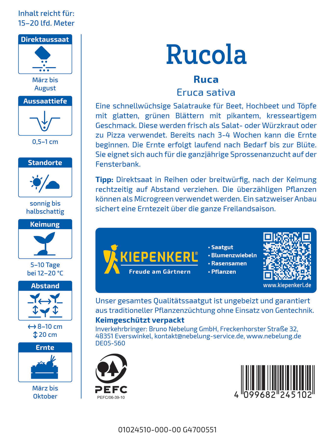 Anleitung auf weißem Hintergrund mit blauen Text- und Symbolfeldern, QR-Code, Logo, Barcode, Kaufsymbol, Produktinformationen.
