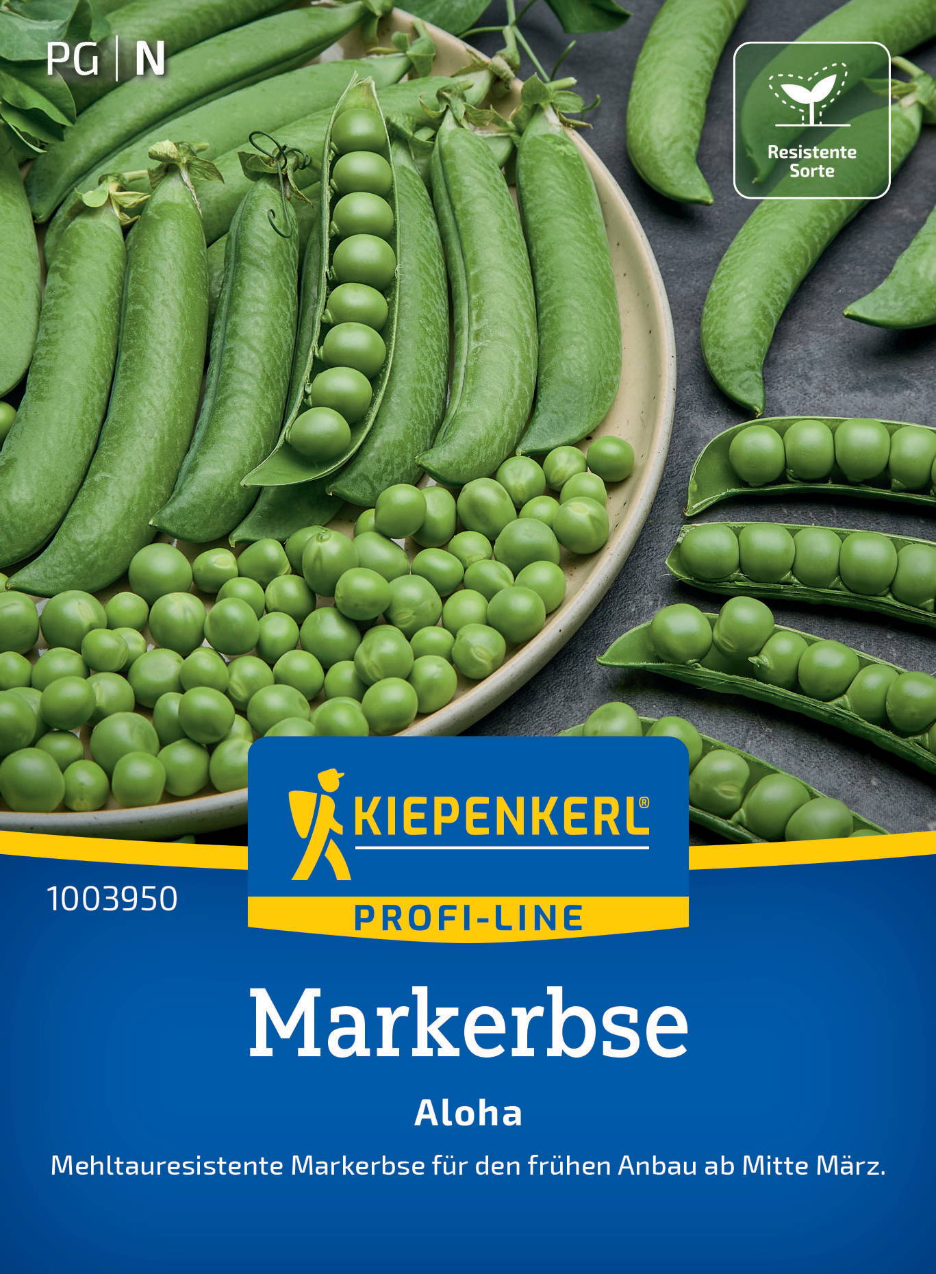 Grüne Markerbse in Schote und Schale, auf einem Teller und Streifen, mit Label und Text.