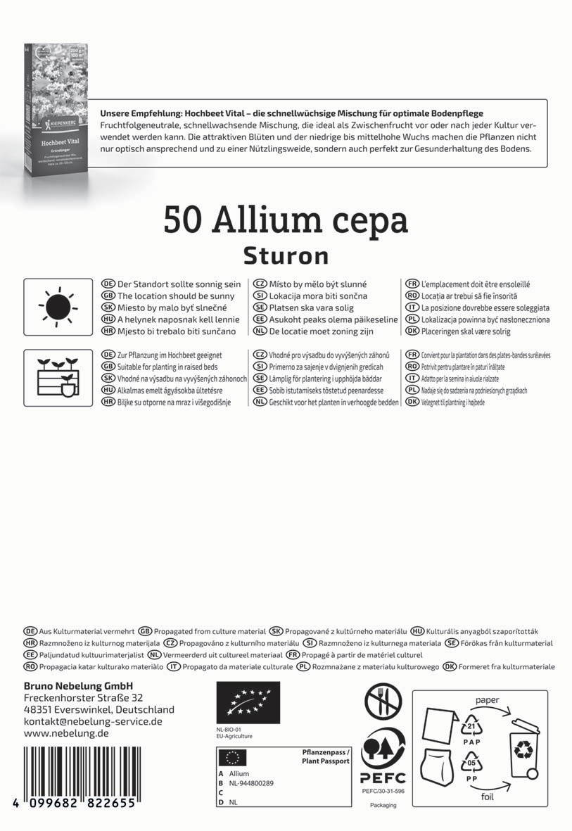 Anleitung für Allium cepa Sturon Zwiebelsamen in mehreren Sprachen, mit Icons für Sonnenlicht, Pflanzung, Recycling und Zertifikate.