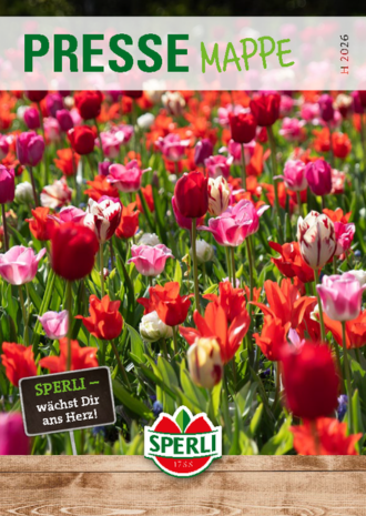 Titelbild Pressemappe H zeigt ein Beet mit roten, rosa und weißen Tulpen im Beet