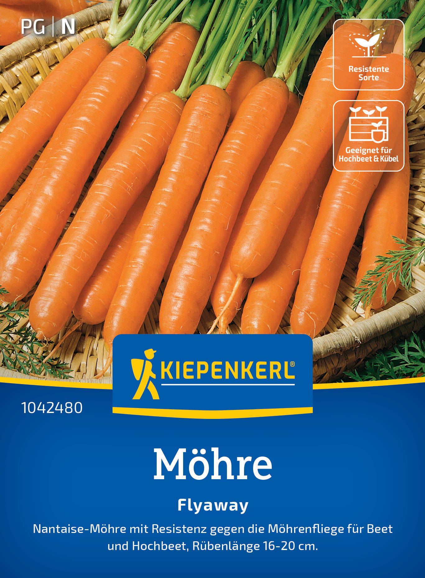 Bild mit orangefarbenen Karotten auf einem Korb, grüne Blätter, Logos und Text auf Verpackung.