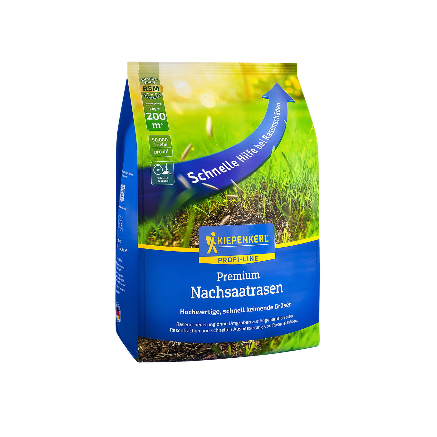 Blauen Verpackung mit Gräsern und Text, Kiepenkerl Premium Nachsaatrasen, schnelle Regeneration, 4 kg, für 200 m².