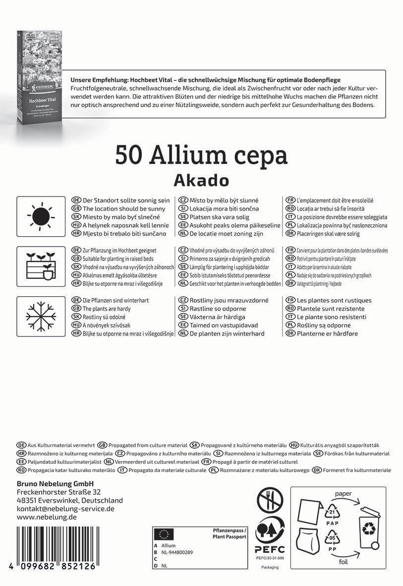 Samentyp Allium cepa Akado, Anleitungen und Symbolen, Firmenadresse, Barcode, Recycling- und Verpackungsinformationen.