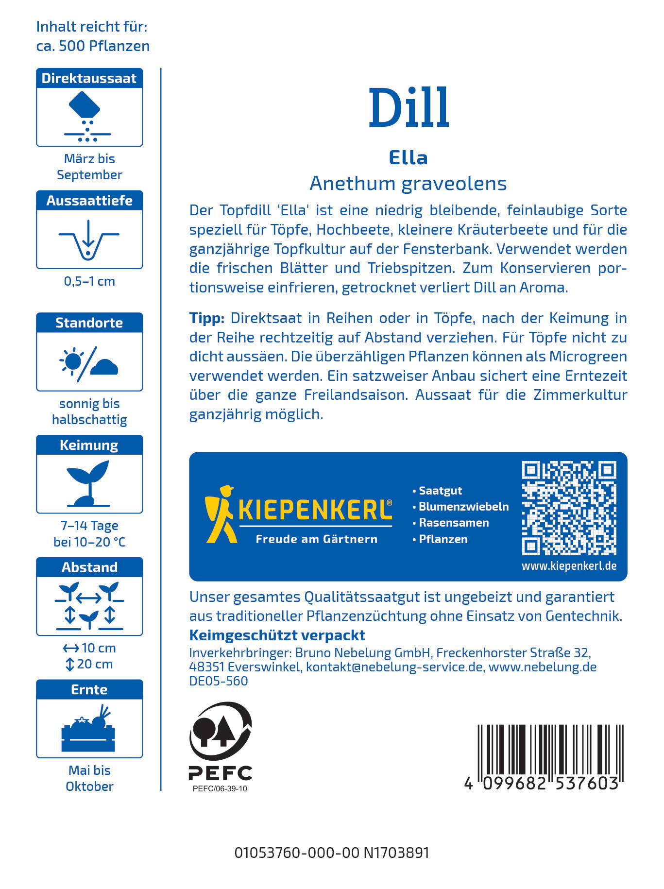 Karton mit deutschem Text, Logo, QR-Code, Barcode, Pflanzensamen, Pflanztipps, Herstellerinformationen.